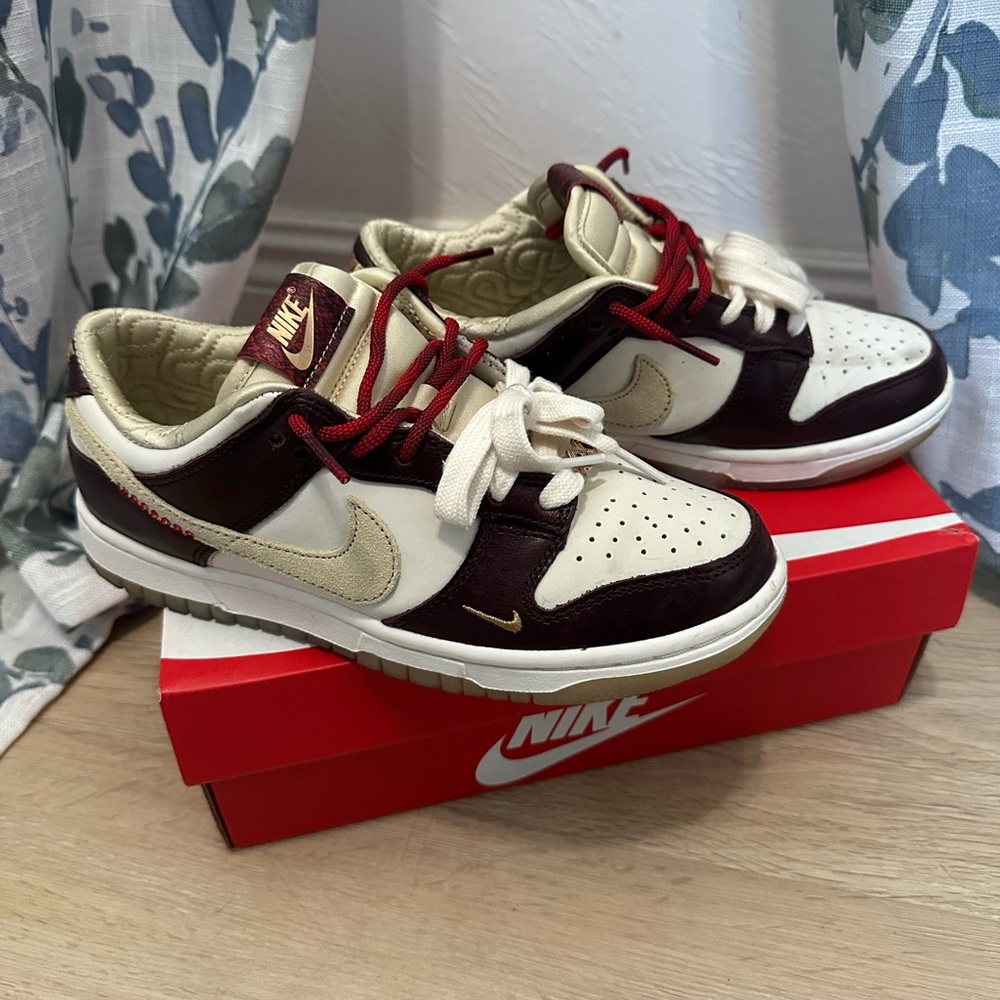 Nike Dunk Low in Cream and Dark Red